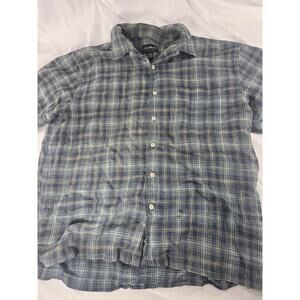 Eddie Bauer Men’s L Button Down Short Sleeve Plaid Blue Beige Linen Blend Casual